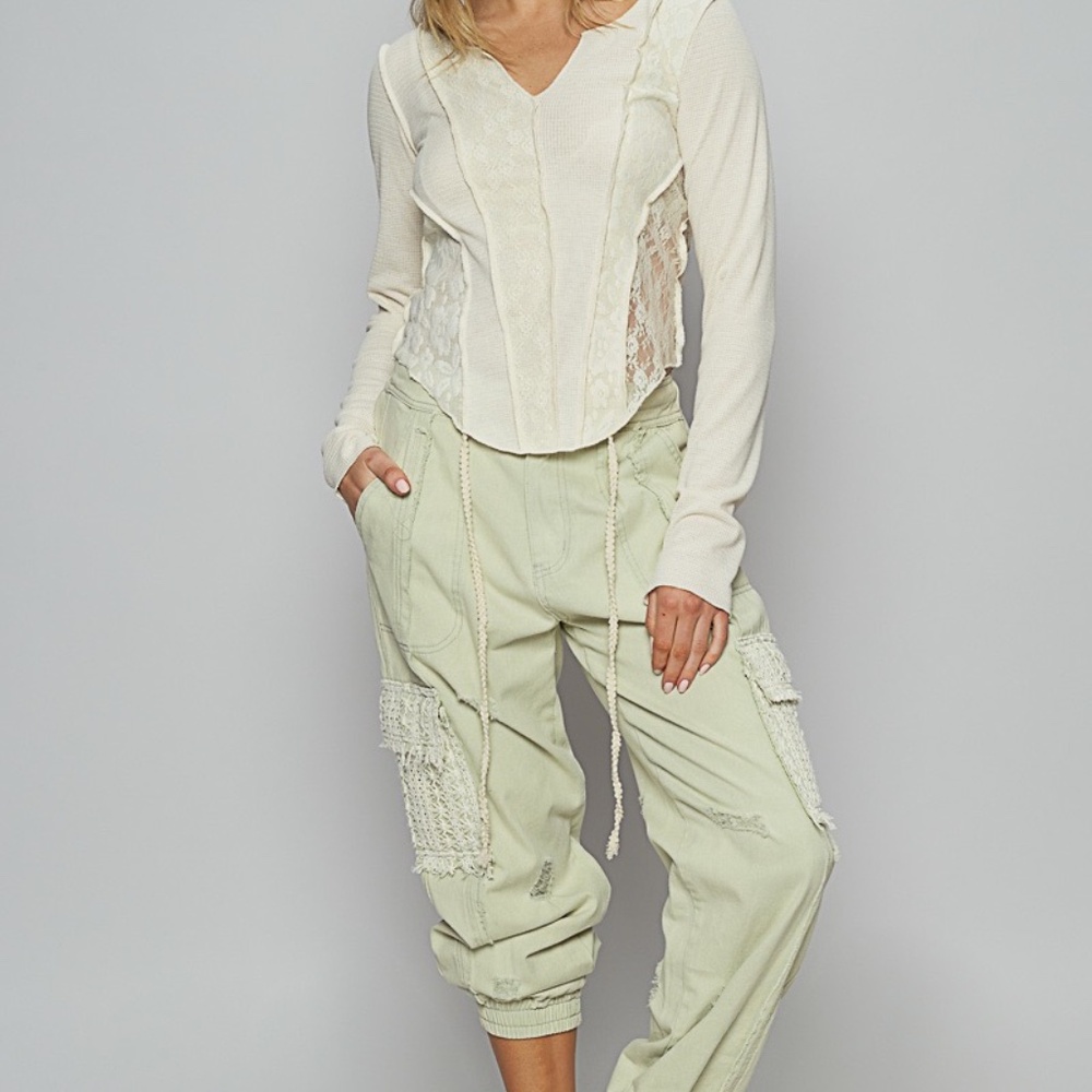 New POL Clothing Denim Lace Joggers Women's Distressed Relaxed GreenTwill Pants - Picture 6 of 12